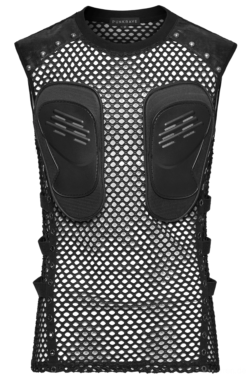 Herrn ärmellos Gothic Mesh Muskelshirt Flachlage zeigt runde Halsöffnung und gepolsterte Brustkonstraktion