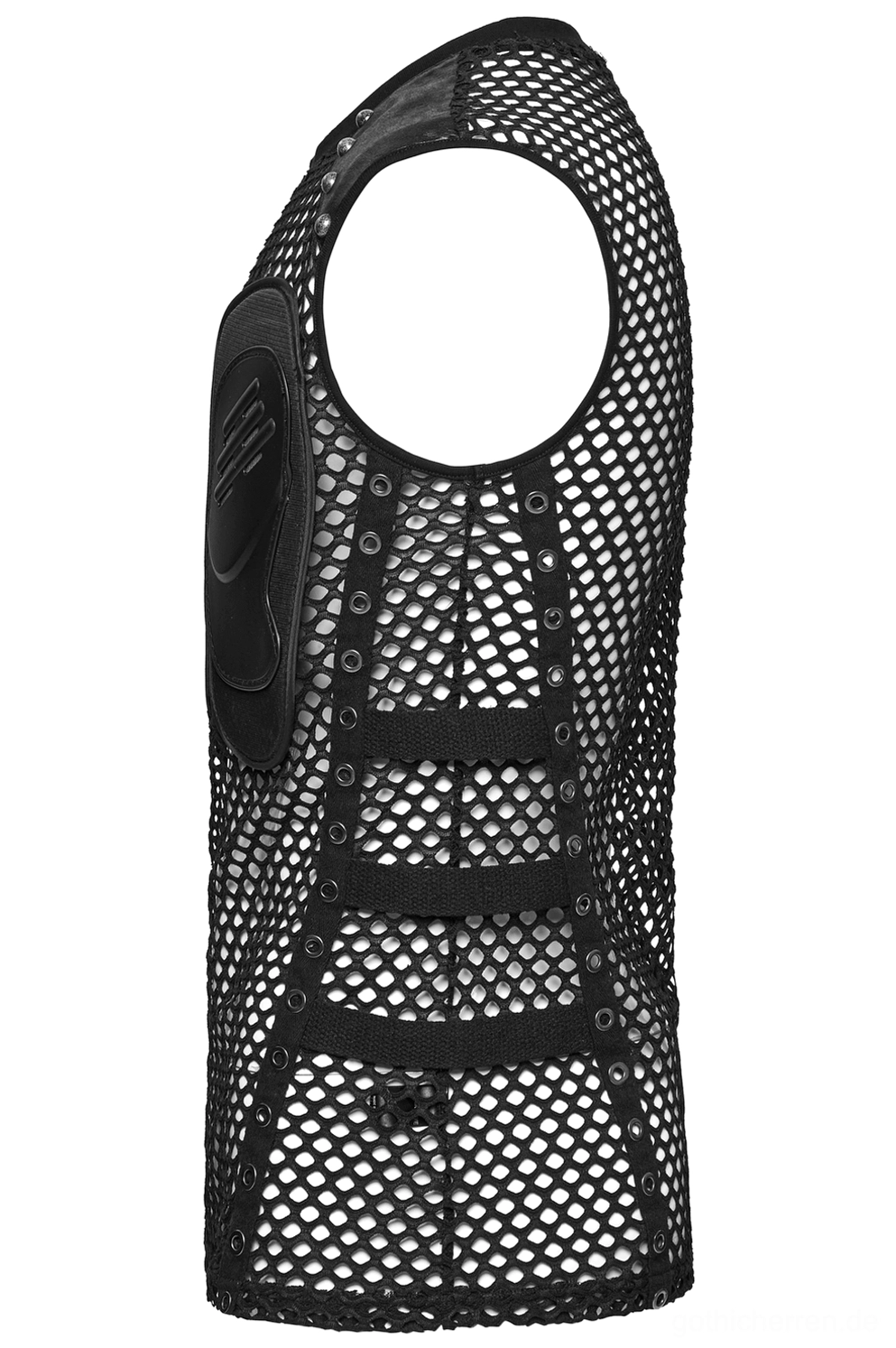 Seitliche Hinteransicht des Mesh Muskelshirts zeigt Schnürrücken-Design und vollständige Mesh-Körperkonstruktion