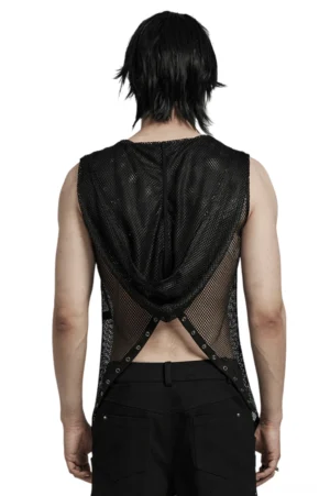 Gothic Mesh-Kapuzenweste Rückenansicht mit offener Cross-Over-Netzstruktur und asymmetrischem Saum auf schwarzem Hintergrund