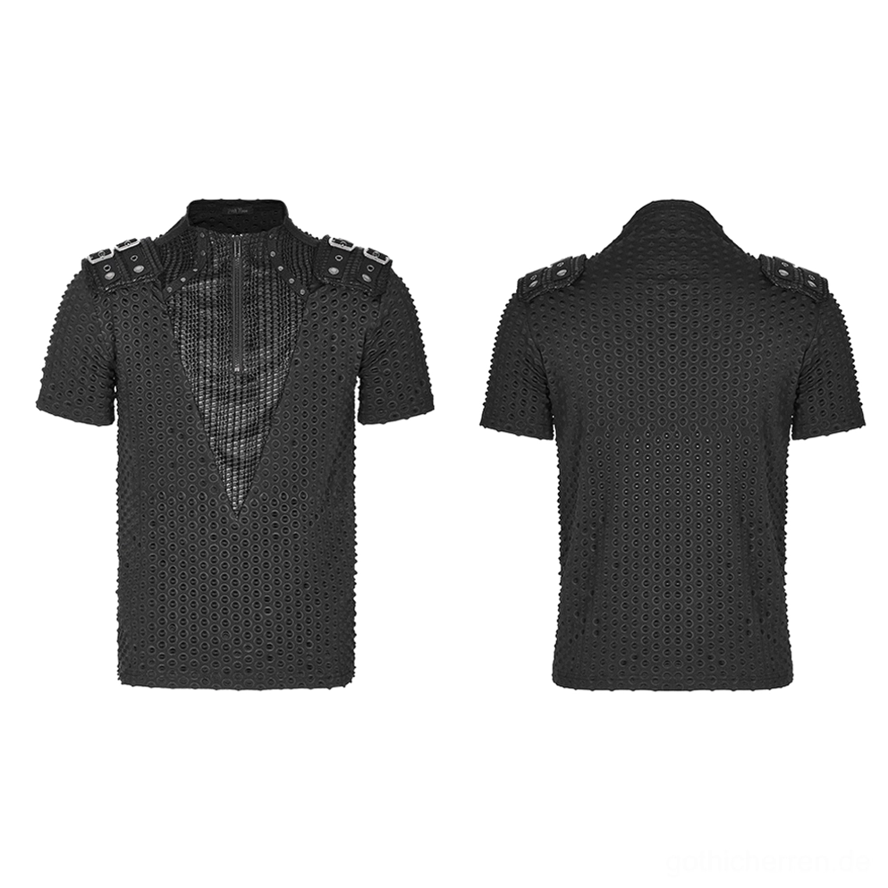 Gothic-Mesh-Tactical-Shirt, Flachlage-Dualansicht Vorder- und Rückseite, perforiertes Strickgewebe und metallische Schultergurt-Schnallen