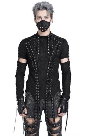 Gothic Mesh Tank mit Schnürung und Cutout-Ärmeln - Vorderansicht auf Modell mit silbernem Haar und schwarzem Face-Mask, zeigt halbdurchsichtiges Riss-Muster-Mesh und Korsett-Schnürdetails