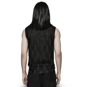 Gothic Mesh Tanktop Herren Rückenansicht mit schuppenartiger zerrissener Stoff-Textur asymmetrisches Muskelshirt schwarzes ärmellos