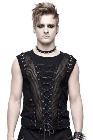 Gothic schwarzes Mesh Tanktop mit Schnürverschluss und Metallösen - Vorderansicht auf männlichem Model mit Punk-Accessoires und Industrial-Details