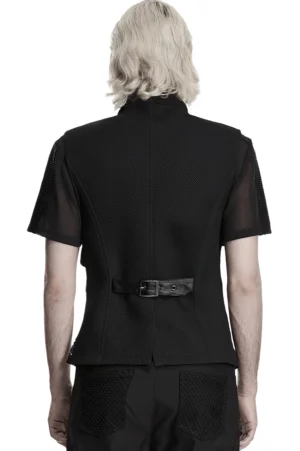 Schwarze Gothic-Mesh-Weste Rückansicht, durchsichtiges Mesh mit verstellbaren Taillenschnallen-Gurten auf männlichem Gothic-Modell