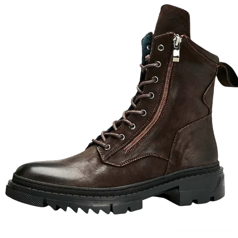 Hohe Gothic-Motorradstiefel Seitenprofil mit mittlerer Wadenhöhe und Seitenzipp - braunes Vollnarbenleder mit robuster Gummiprofilsohle