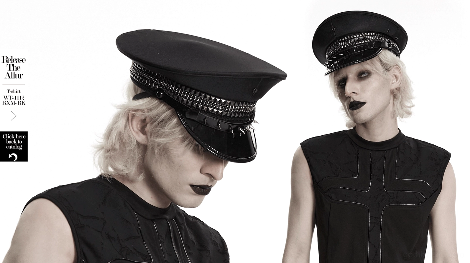 Alternative Gothic Militärmütze getragen Styling, genietetes Band Detail, dunkle Fashion Statement Piece auf Alternative Model