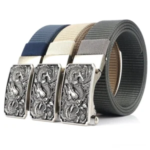 Gothic Military Drachengürtel Trio Set Display Schwarz Dunkelblau Braun Nylon Webbing Embossed Dragon Buckle Details