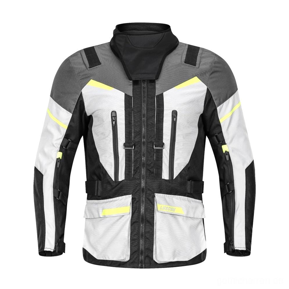 Gothic Moto Armor Jacke Vorderansicht matte schwarze Basis mit neongelben reflektierenden Streifen wasserdicht Industrial Design