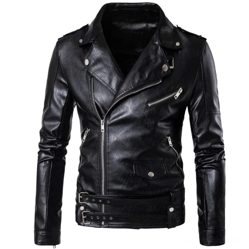 Schwarze Gothic-Moto-Biker-Jacke aus Kunstleder mit asymmetrischem Reißverschluss, Stehkragen und verstellbaren Taillengürteln – Frontansicht