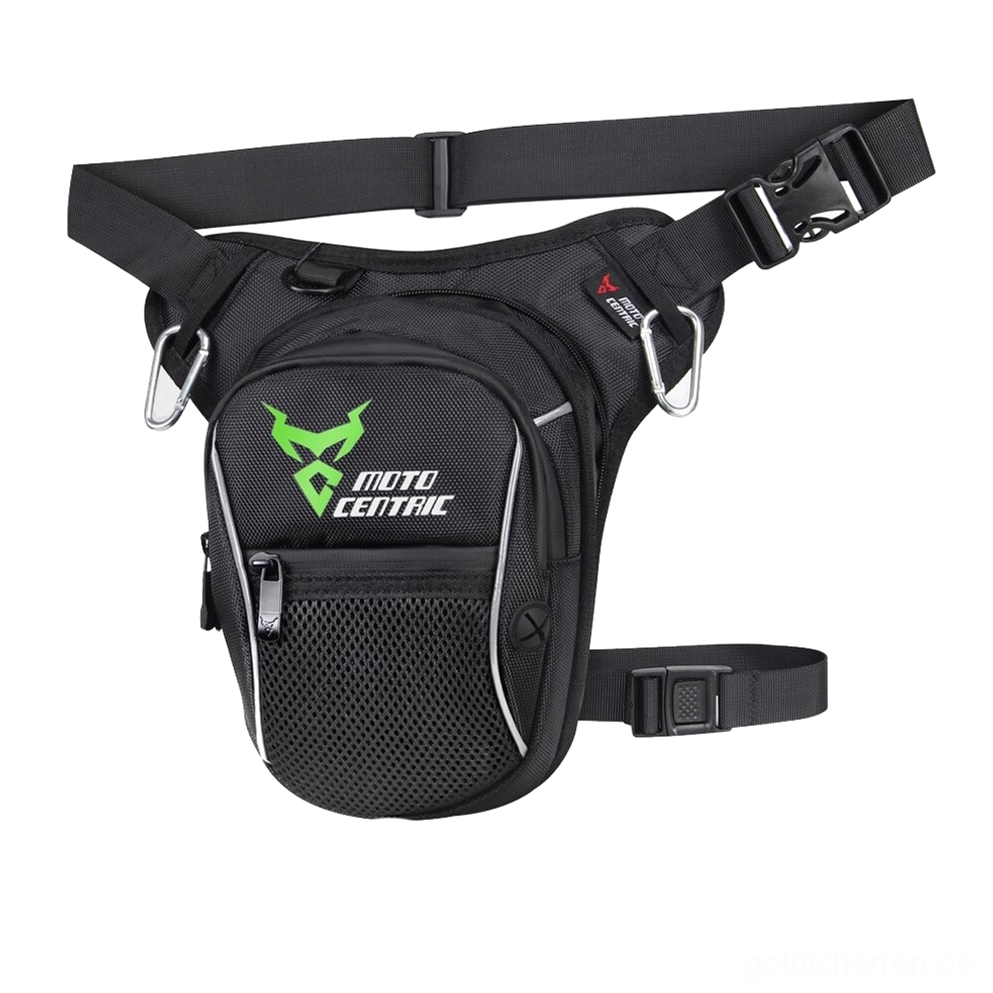 Industrial-Gothic-Oberschenkel-Gürteltasche in Schwarz mit grünem Branding, Mesh-Tasche und verstellbare Sicherungsriemen für Alternative-Lifestyle