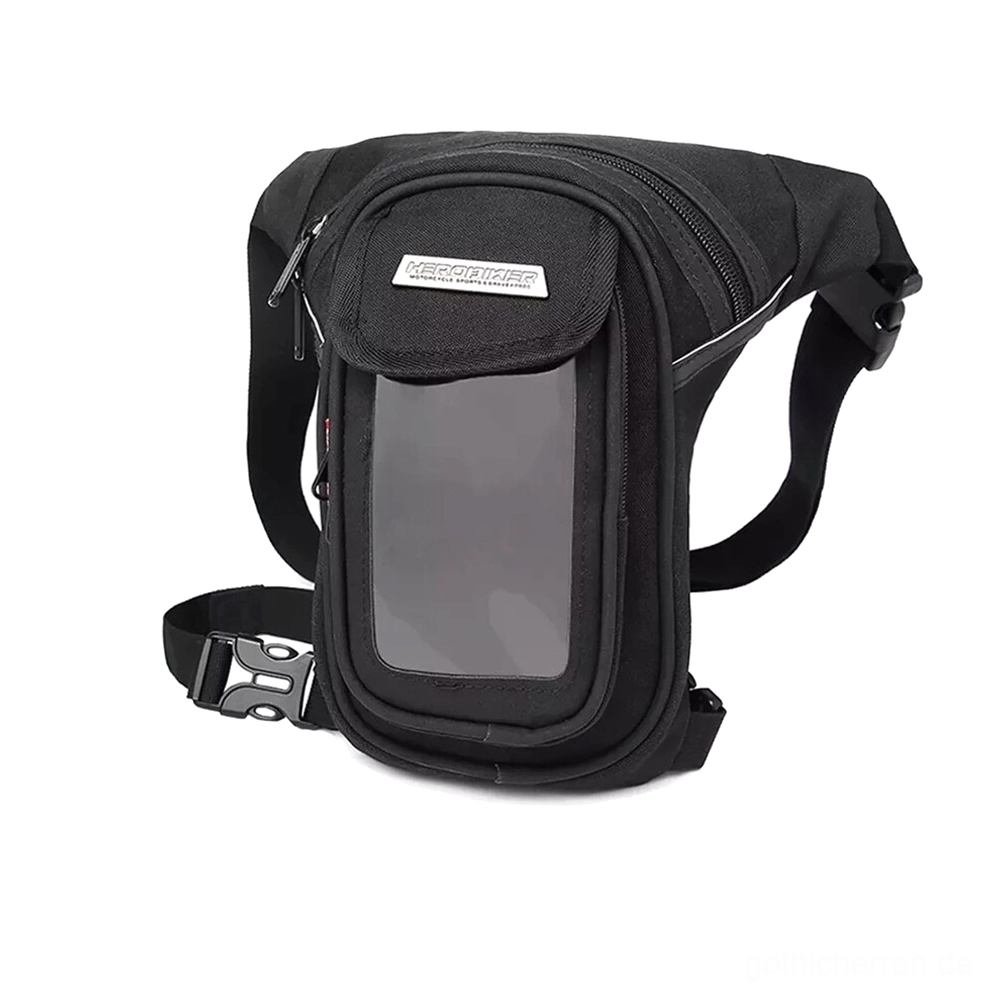 Schwarze wasserdichte Gothic-Oberschenkel-Bauchtasche mit industriellem Hardware-Akzent, ausgestattet mit Reißverschlusstaschen und Metallzubehör für Urban-Utility