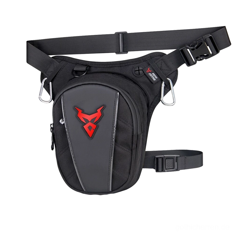 Cyberpunk-inspirierte Gothic-Oberschenkel-Bauchtasche in Schwarz mit rotem Teufel-Logo, glatte Vorderstoffseite und Metallbefestigungsclips für Alternative-Kultur