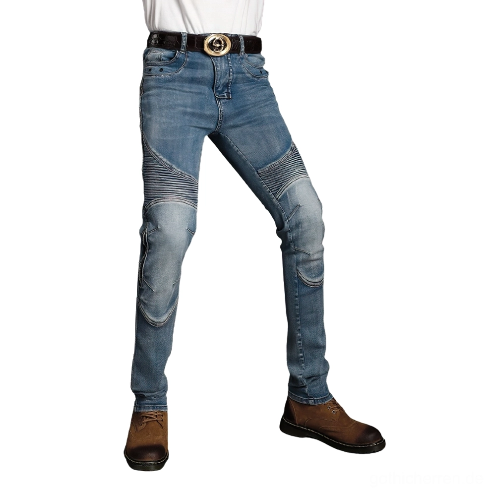 Gothic Motorrad Schutzjeans Dreiviertel-Seitenansicht Knieschutzpolster Hellblau Denim
