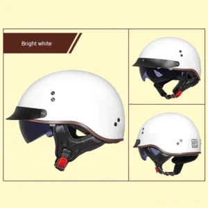 DOT-zertifizierter Gothic Half-Face Motorradhelm in Multiwinkelpräsentation zeigt weiße Schale, schützend integrierten Sonnenvisier und Sicherheitsverschluss aus verschiedenen Perspektiven für umfassende Produktübersicht