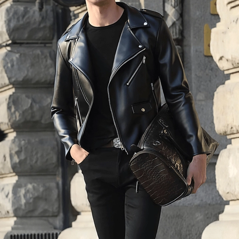 Gotische schwarze Motorradjacke Ärmelbeweglichkeit und Reißverschluss-Design Demonstration tragender Fit Slim-Silhouette