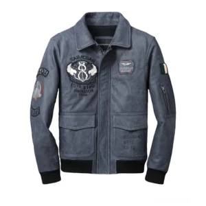 Gothic-Motorradjacke Herren Blau Echtleder Stickerei Patches Brusttaschen Frontansicht