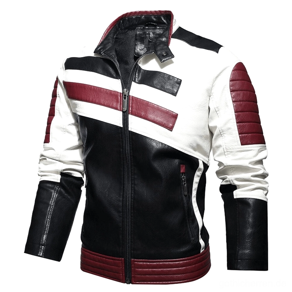 Dreiviertelseitige Vorderansicht gothic Motorradjacke mit seitlichem Reißverschluss-Pocket, gesteppten Ärmelakzenten und Wine-Rot Farbblock-Design