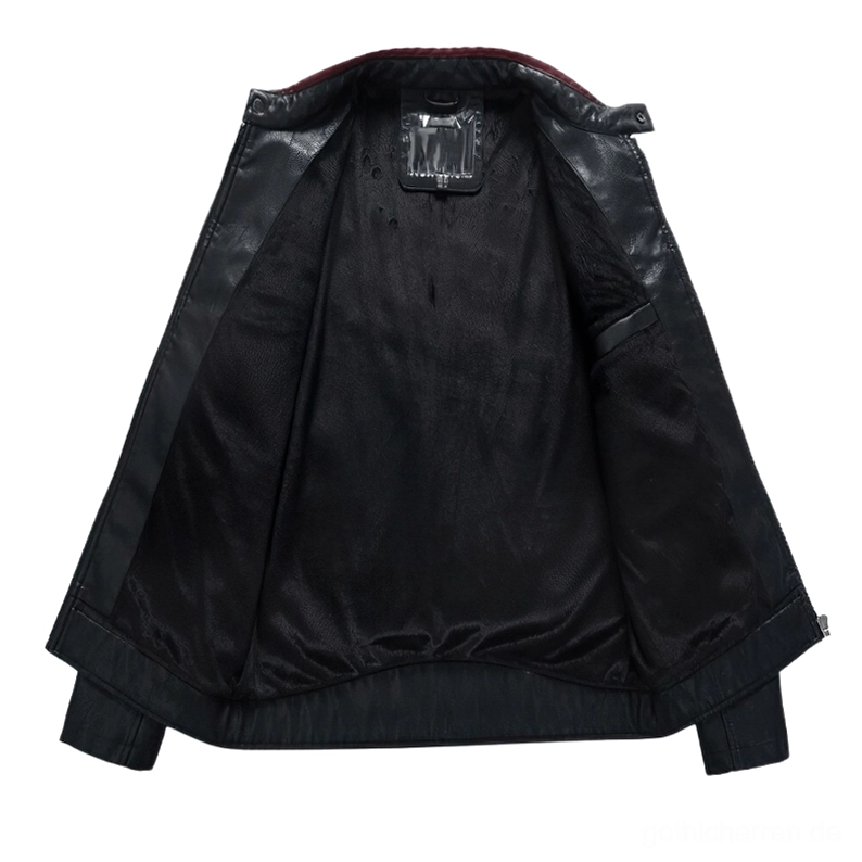Nahaufnahme des glatten schwarzen Polyester-Futters in einer gothic PU-Motorradjacke, zeigt hochwertige innere Verarbeitung und langlebige Satin-Qualität
