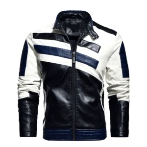 Marineblau schwarze gothic Motorradjacke für Männer mit architektonischem Farbblock-Design, Frontansicht mit diagonalen Streifen und geometrischen PU-Leder-Kontrasten