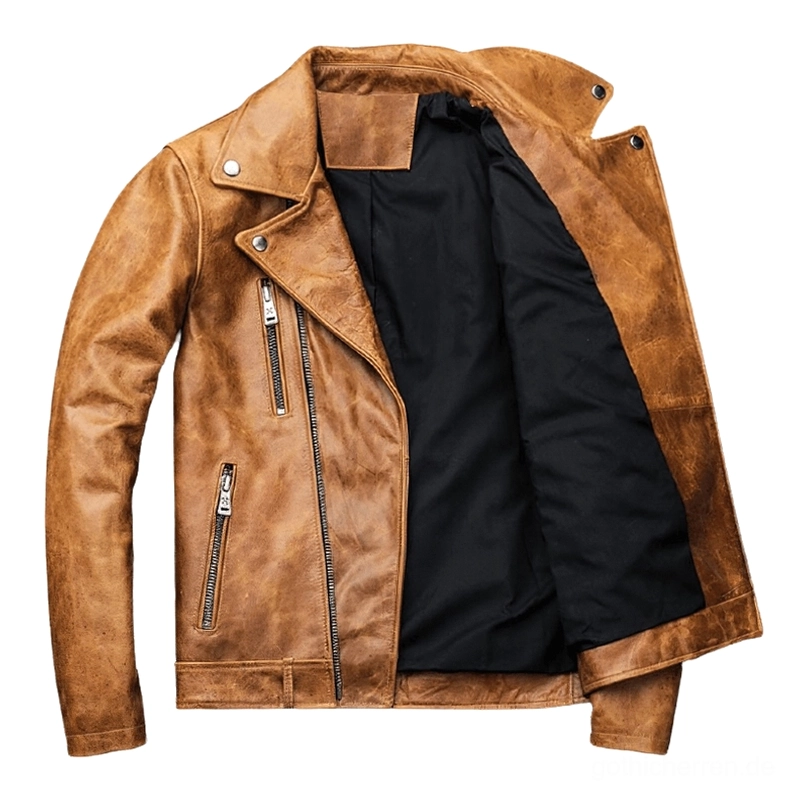 Offene Vorderansicht der Camel Leder Motorradjacke zeigt schwarzes Baumwoll-Futter und mehrfache Reißverschluss-Taschen für Motorrad Funktionalität