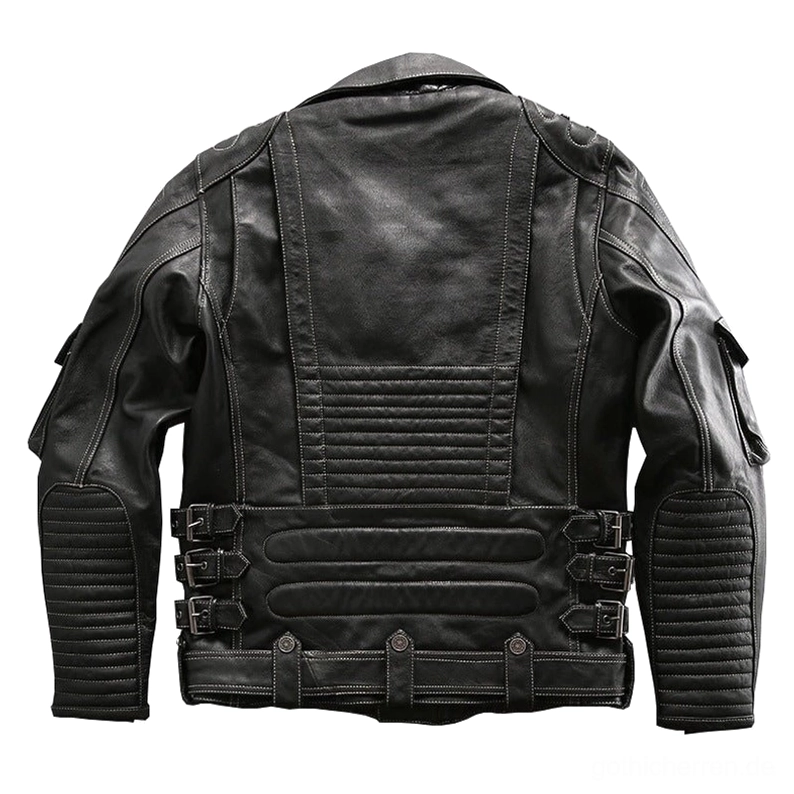Schwarze echte Leder Gothic Motorradjacke Rückansicht, gerippte Polsterpaneele, Seitenschnallenbefestigung, Kontraststepp-Details, verstellbare Taillie, Industrial-Design-Elemente, Flachaufnahme