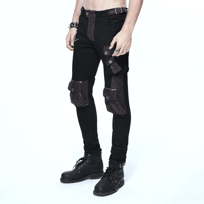 Zusätzliche Styling-Ansicht der schwarzen und braunen gotischen Cargo-Hose aus verschiedenem Winkel, gesamter Multi-Pocket-Design erkennbar