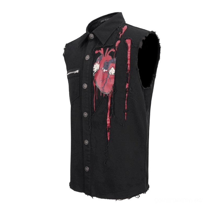 Schwarzes gotisches Muskelshirt mit Button-Placket und zerrissenen Armloch-Kanten, linke Vorderansicht Flat-Lay-Detail zeigt Knöpfe und Herz-Print
