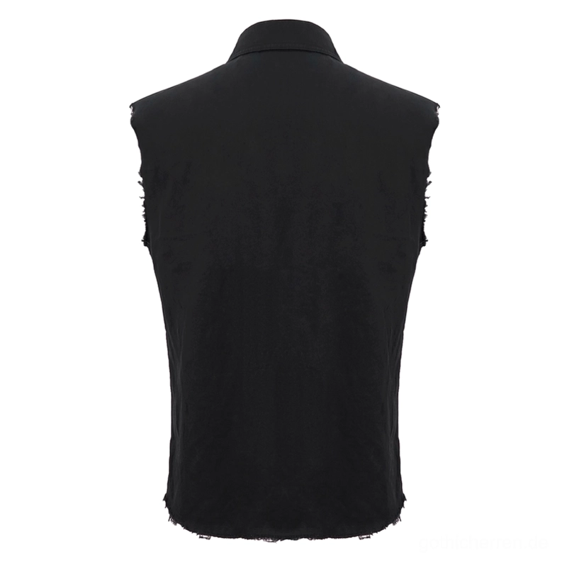 Gotisches schwarzes Muskelshirt Rücken Flat-Lay zeigt durchgehend schwarzen Stoff und ausgefranste untere Saum-Kante, robuste Baumwoll-Konstruktion