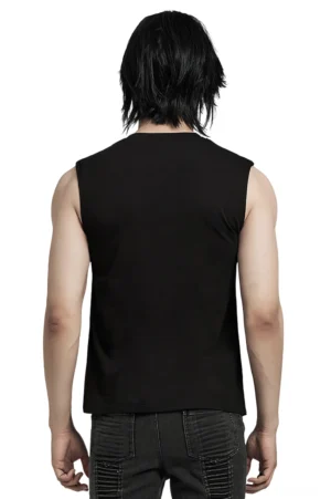 Black Gothic Muskelshirt Rückansicht, zeigt minimalistisches schwarzes Strickrücken-Design ohne Verzierungen, ärmelloses Schnitt