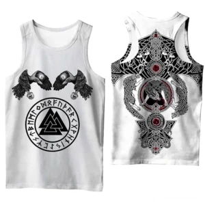 Gotisches Nordic Viking Muskelshirt Vorderansicht mit doppeltem Raben und Valknut-Runenschrift-Druck, umgeben von Elder Futhark Lettern, komplett weißes Breitgewebe mit 3D-Drucktechnologie
