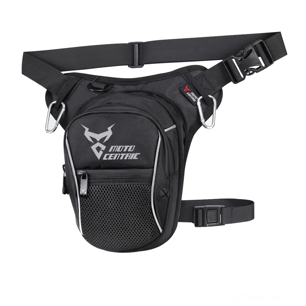 Wasserdichte Gothic-Oberschenkel-Gürteltasche in reinem Schwarz mit grauem Branding, ausgestattet mit Mesh-Tasche und verstellbaren Gurtschnallen für Alternative-Mode