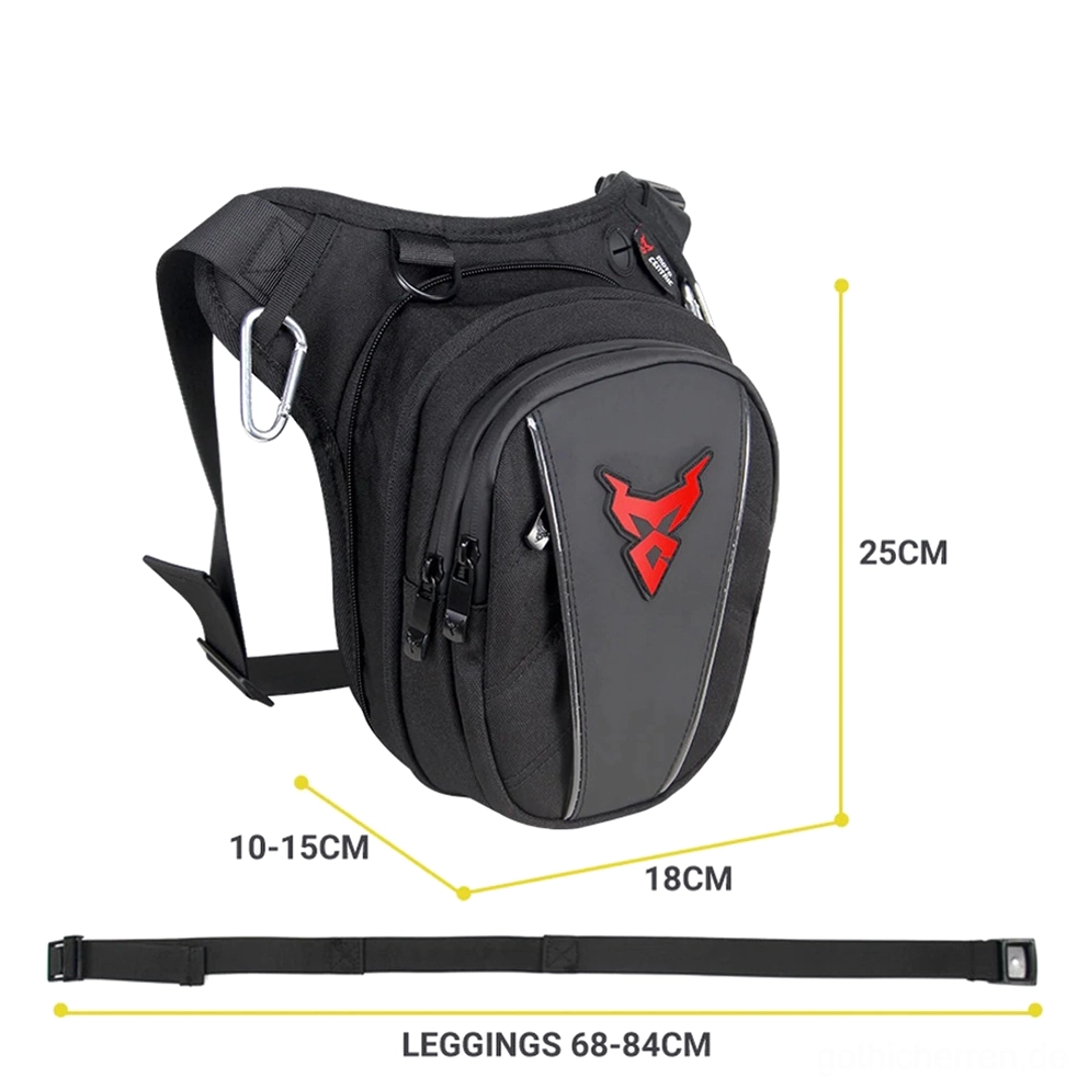 Industrial-Gothic-Motorrad-Oberschenkel-Bauchtasche in Schwarz, kompaktes und funktionales Design mit Metallkarabinern für Dark-Fashion-Lifestyle