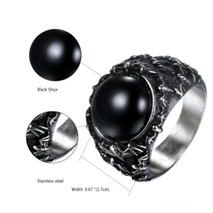 Technisches Spezifikationsdiagramm für Gothic-Siegelring mit schwarzem Onyx, zeigt 16-mm-Bandbreite, Messmerkale, Innendurchmesser und Umfang in Millimetern und Zoll