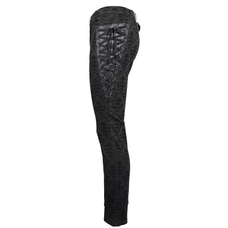 Nahaufnahme Detailansicht einzelnes Hosenbein Gothic Steampunk Röhrenhose zeigt Korsett-ähnliche Leder-Schnürsenkel mit Metallösen und Damast-Stoff-Textur, Close-up