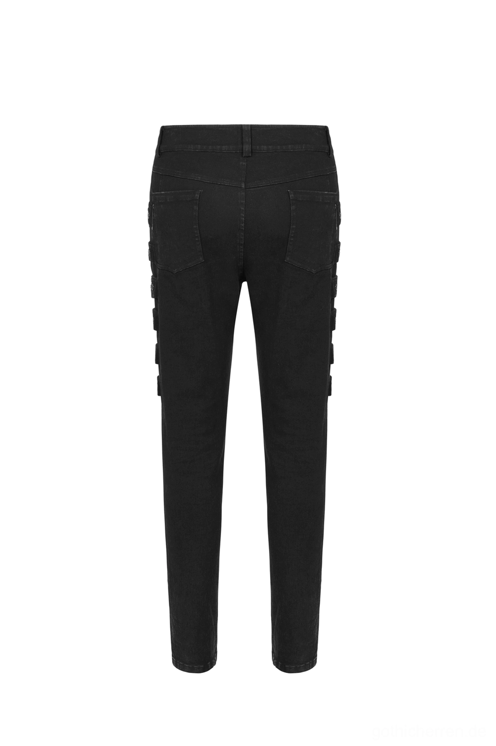 Rückenseitige Flatlay Gothic Cargohose hervorhebend funktionsfähige hintertaschen und Industrial-inspirierte Seitenriemen-Architektur in Schwarz