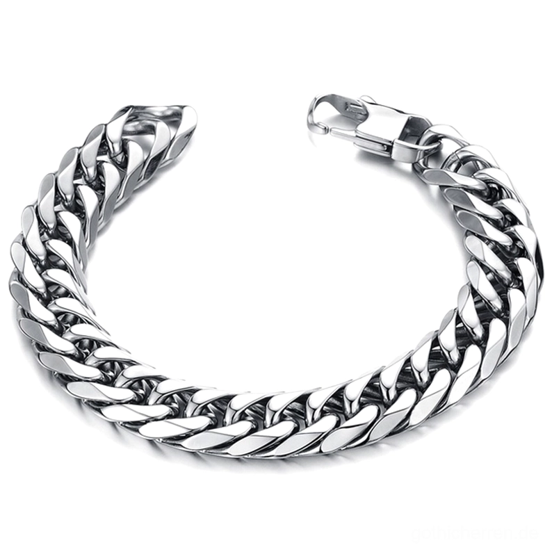 Seitenansicht des massiven Edelstahl-Gothic-Panzerarmbands mit verdrehten Kettengliedern und detailliertem Hummerkrallenverschluss für Herren