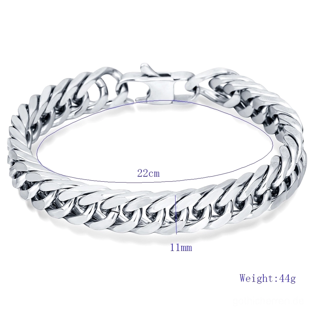 Komplettes Edelstahl-Gothic-Panzerarmband mit Produktspezifikationen zeigend 22cm Länge 1,1cm Breite und 58g Gewicht