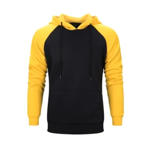 Gelb und schwarz Farbblock-Kapuzenpullover mit Fleece-Futter und verstellbarem Kordelzug – moderner Gothic Hoodie für Herren