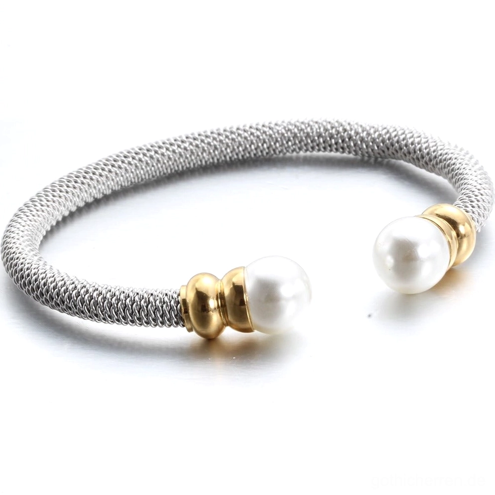 Antik versilbertes Gothic Perlen Manschettenarmband mit Goldendkappen und simulierten Perlen – Frontalanzeige