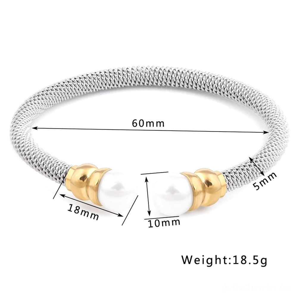 Gothic Perlen Manschettenarmband mit Produktspezifikationen Etikett und verwebter Edelstahlkonstruktion