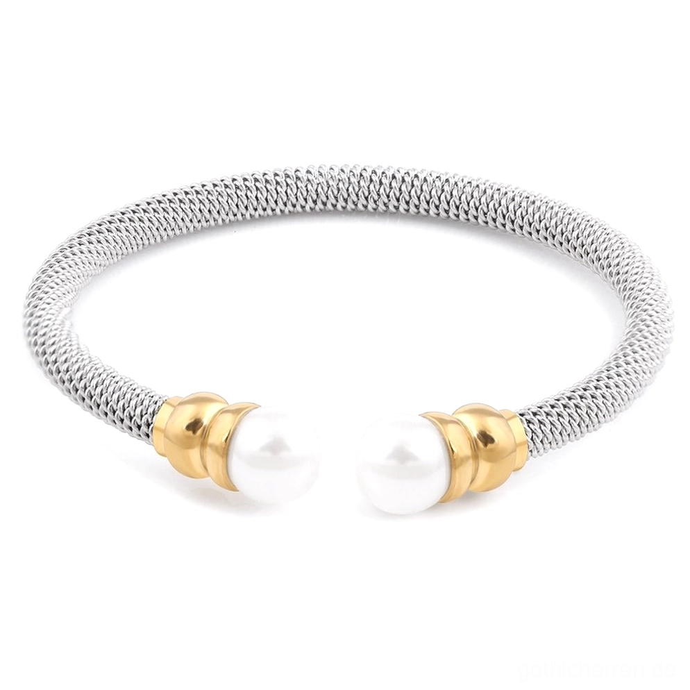 Gothic Perlen Manschettenarmband mit zweifarbigem Edelstahl Mesh und weißen simulierten Perlen – Frontalansicht Flat Lay
