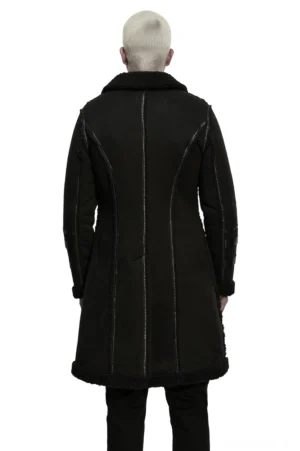 Dark Alternative tailierter Plüsch-Mantel Rückansicht zeigt strukturierte Rückennahten, vertikale Tailoring-Details und Shearling-Saum in gotischem Design