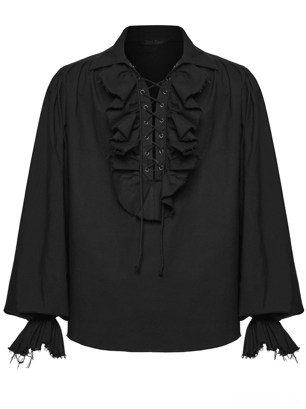 Gothic Poet Hemd Frontdetail Flatlay mit Schnürungsösen und gerüschtem Halsausschnitt, Nahaufnahme der Schnürung