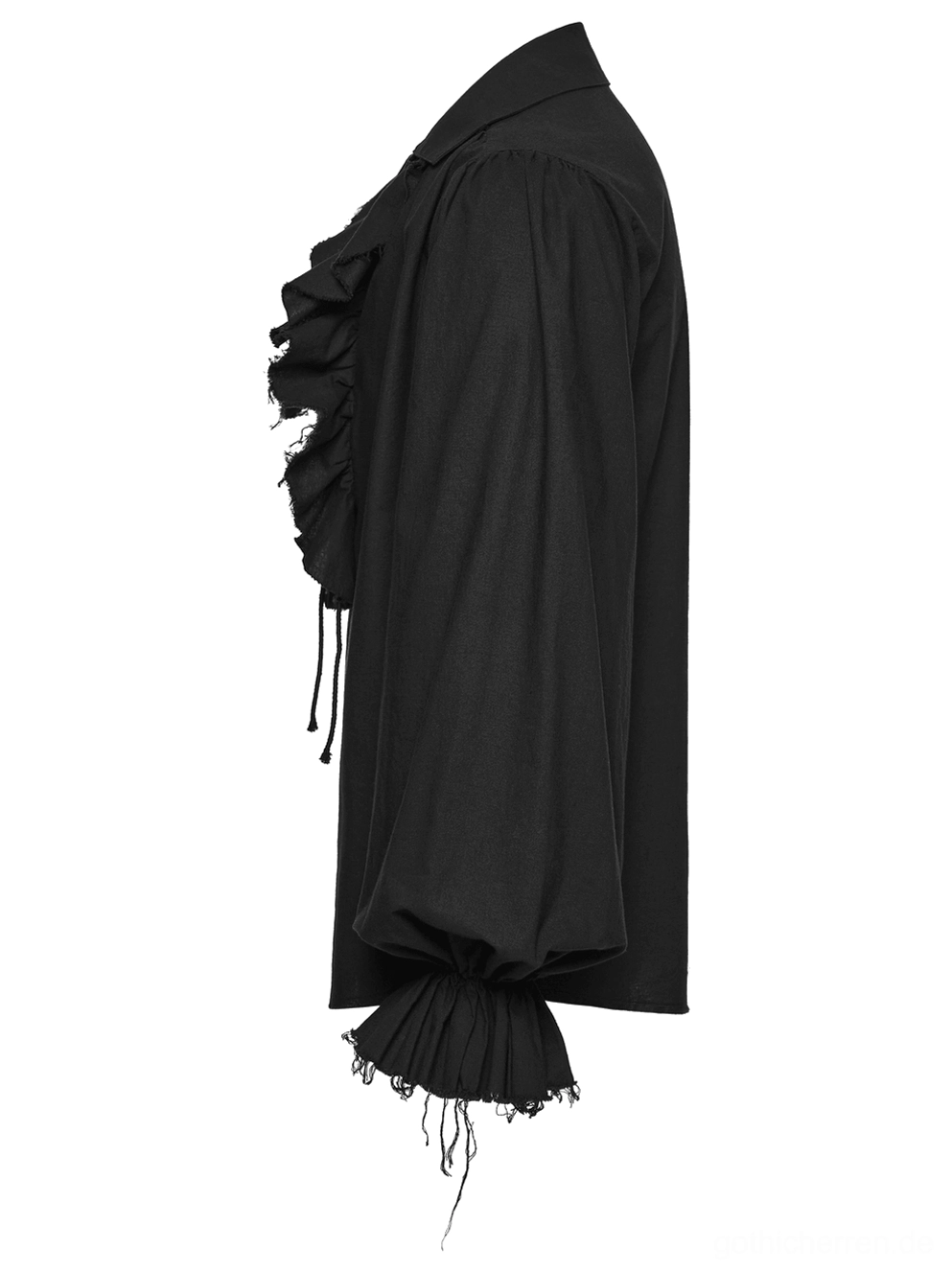 Schwarzes Gothic Poet Hemd Seitenansicht Flatlay zeigt voluminöse Bischofärmel und Schnürungsdetails von der Seite
