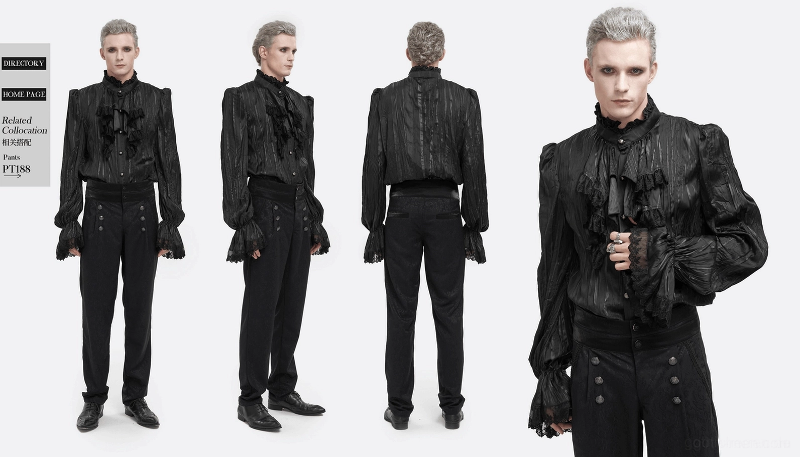 Herren-Gothic-Puffärmel-Rüschenhemd Komplett-Übersicht zeigt alle Design-Elemente und abnehmbare Ketten-Anpassungs-Features gotisch