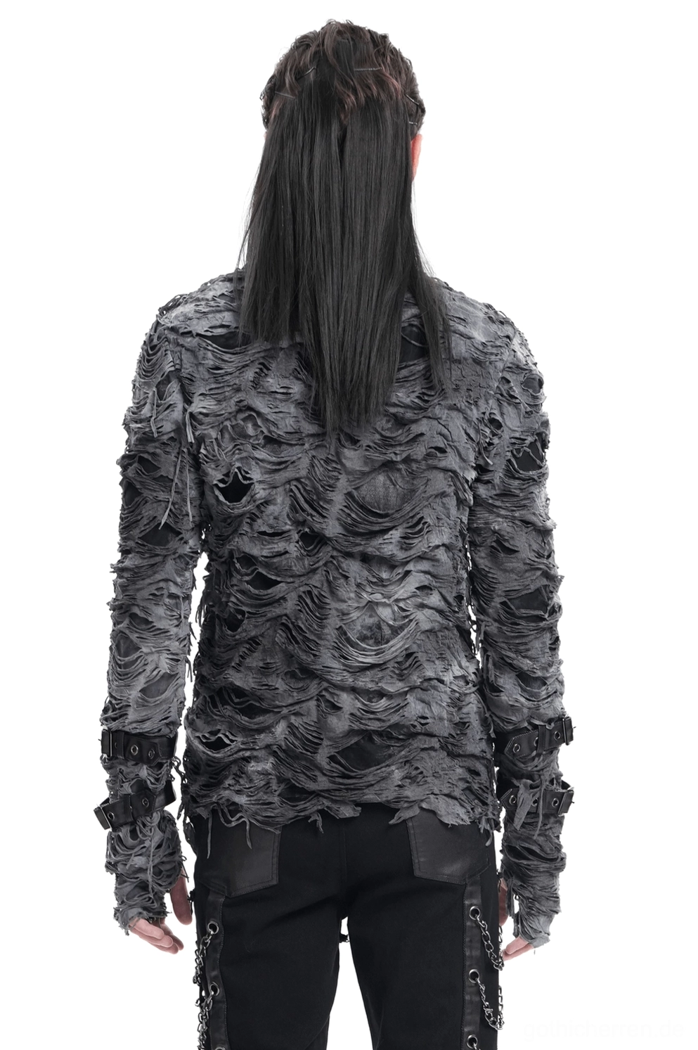 Rückansicht des grauen Gothic Pullover mit asymmetrischem ausgefranstem Saum und durchgehender zerrissener Textur