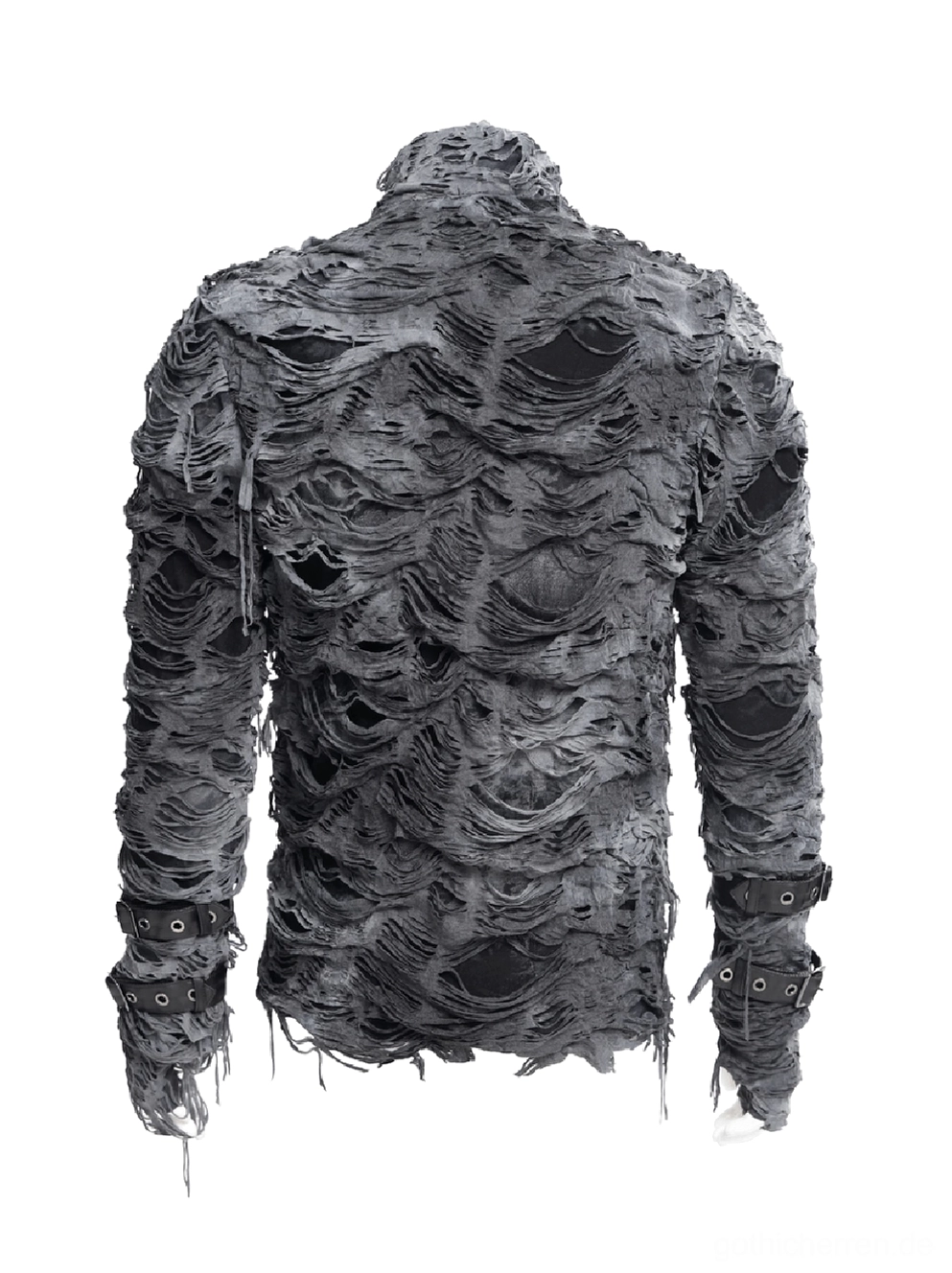 Rückansicht des grauen zerrissenen Gothic Pullis auf Mannequin mit Rohsaum-Details und Metallmanschetten-Verzierungen