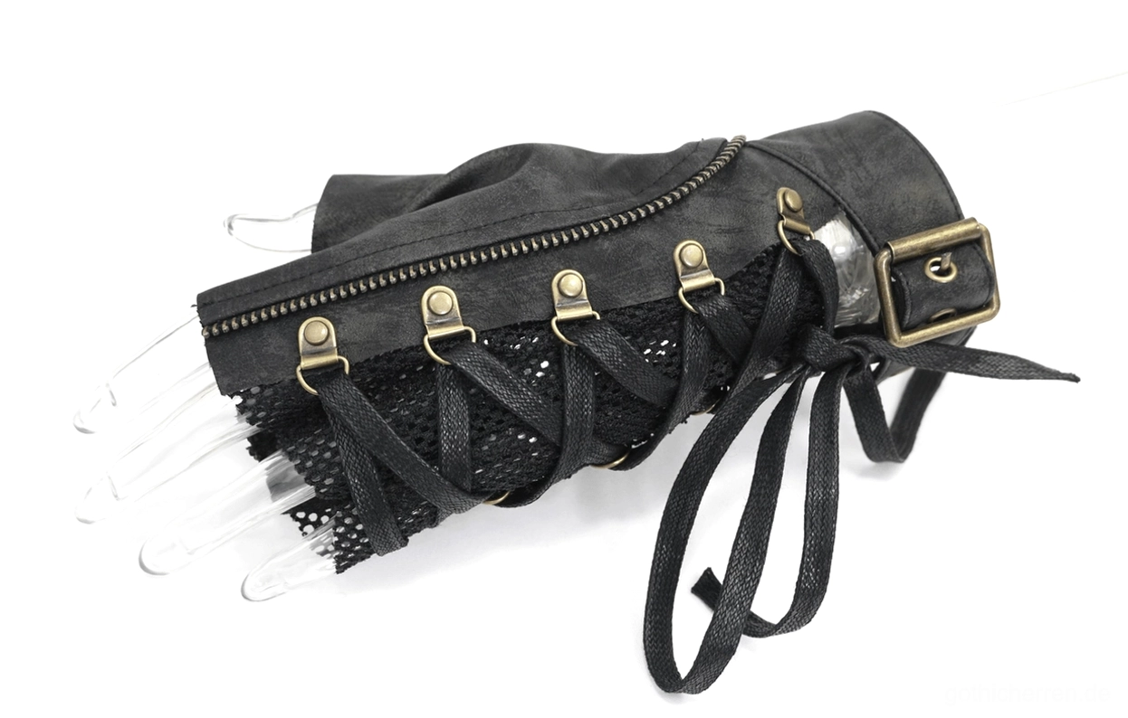 Schwarze Gothic Punk Handschuhe mit dekorativen Metallnieten - Fingerlose Nieten-Details und industrielle Ästhetik