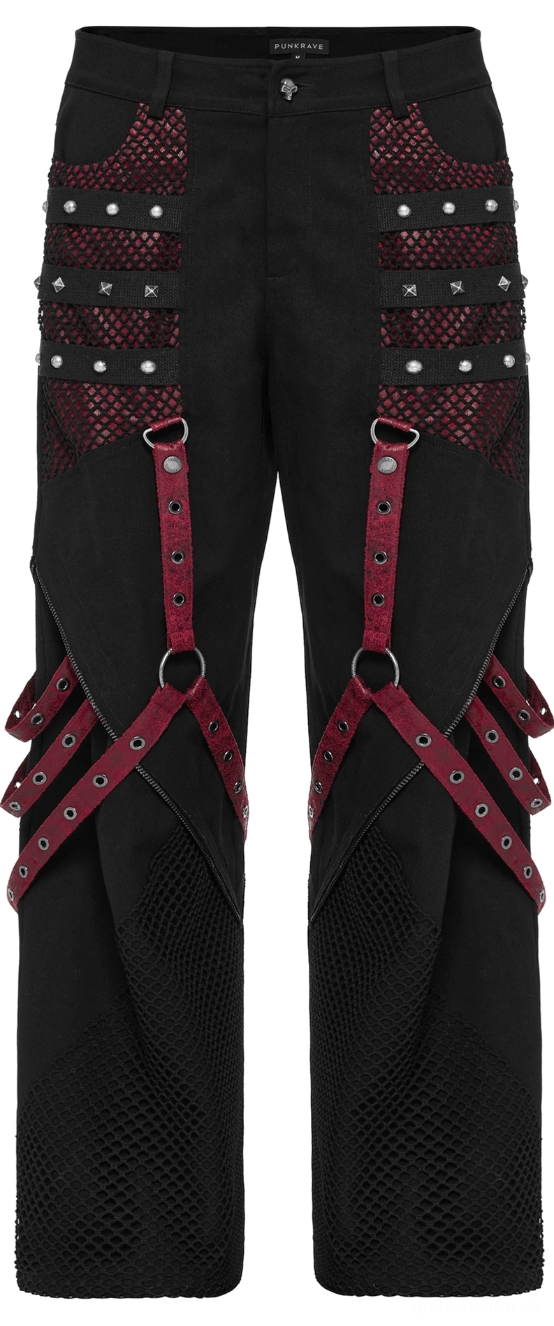 Direkter Overhead-Blick auf die Vorderseite der schwarzen Gothic Punk-Hose mit verziertem Studded-Pocket-Panel und weinroten Riemen-Hardware