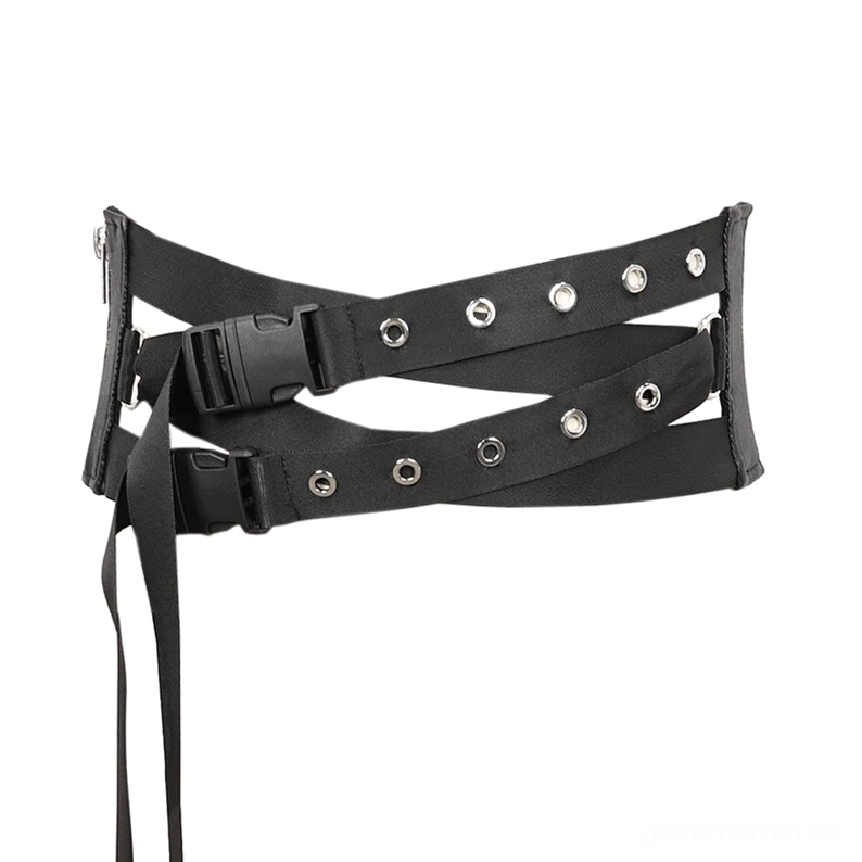 Flat-Lay-Produktaufnahme des schwarzen Dual-Strap-Punk-Korsettgürtels mit Metalösen und Kunststoff-Schnallen auf weißem Hintergrund, vollständige Draufsicht